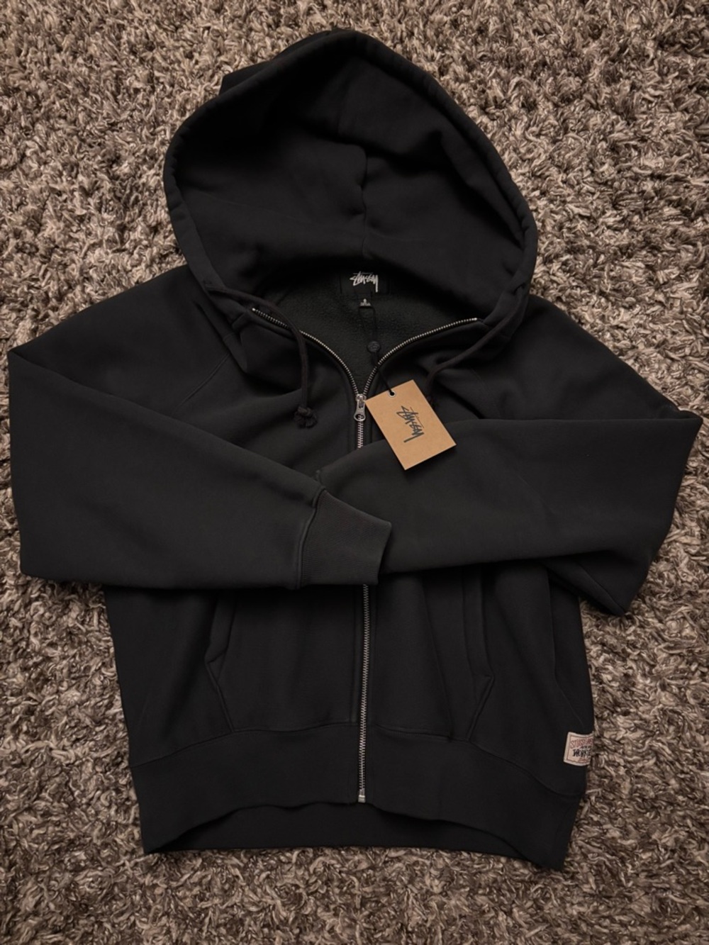 Stussy Black Hoodie with Workgear Patch - Cream Label